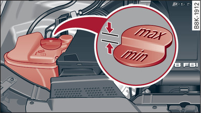 Engine compartment: Markings in coolant expansion tank